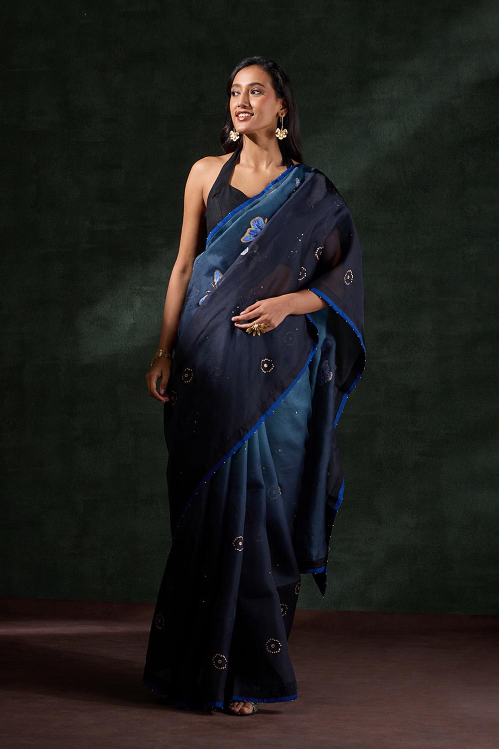 Blue Pure Silk Organza Printed Embroidered Saree