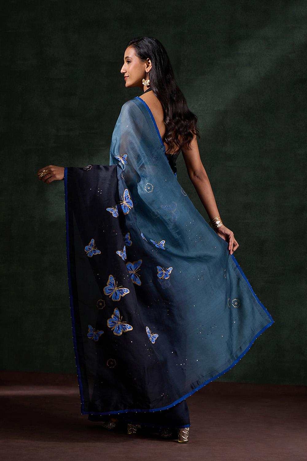 Blue Pure Silk Organza Printed Embroidered Saree