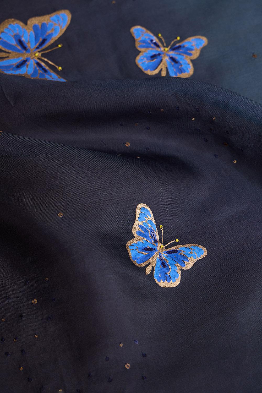Blue Pure Silk Organza Printed Embroidered Saree