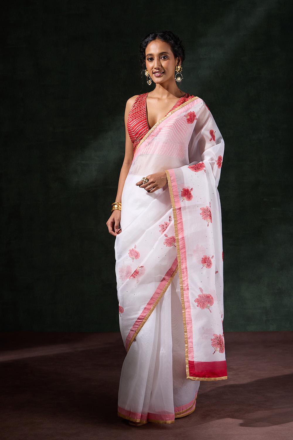 Off White Pure Organza Printed Embroidery Saree