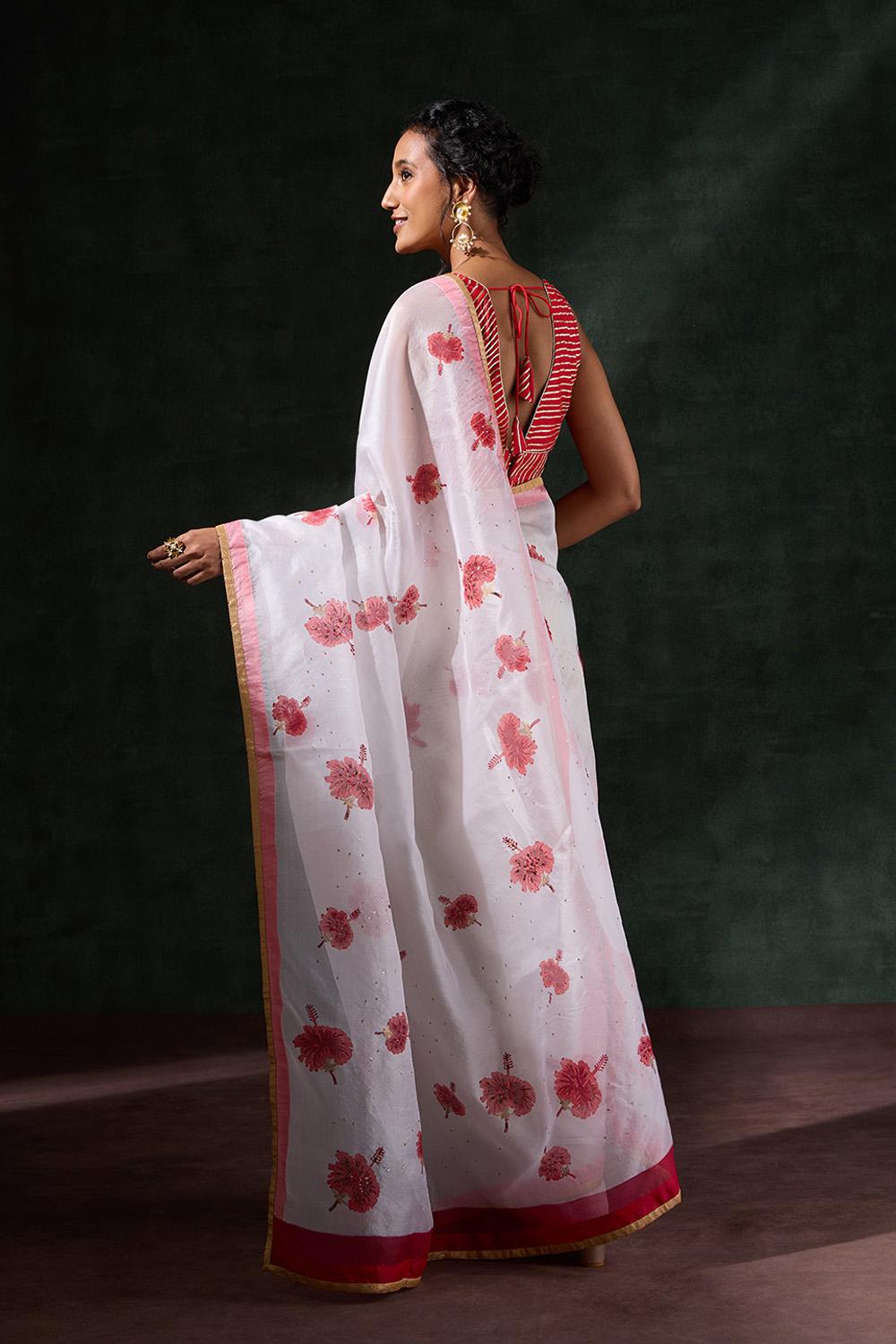 Off White Pure Organza Printed Embroidery Saree