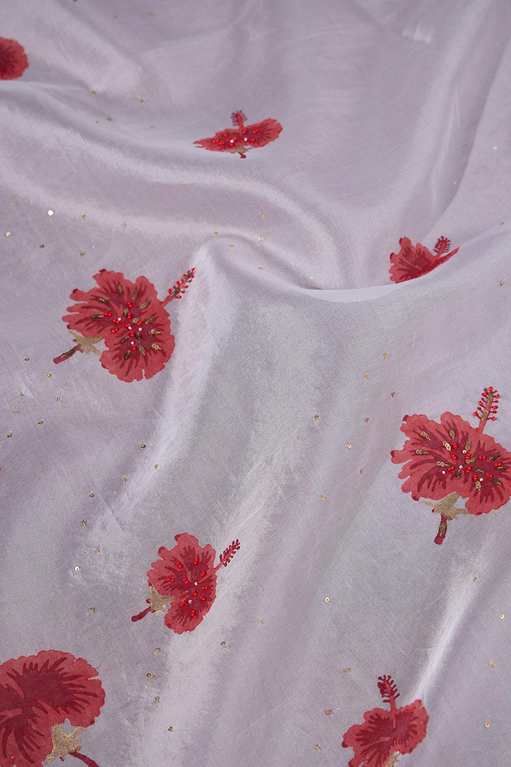 Off White Pure Organza Printed Embroidery Saree