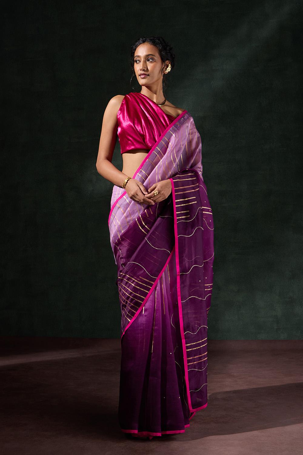 Purple Pure Organza Printed Embroidery Saree