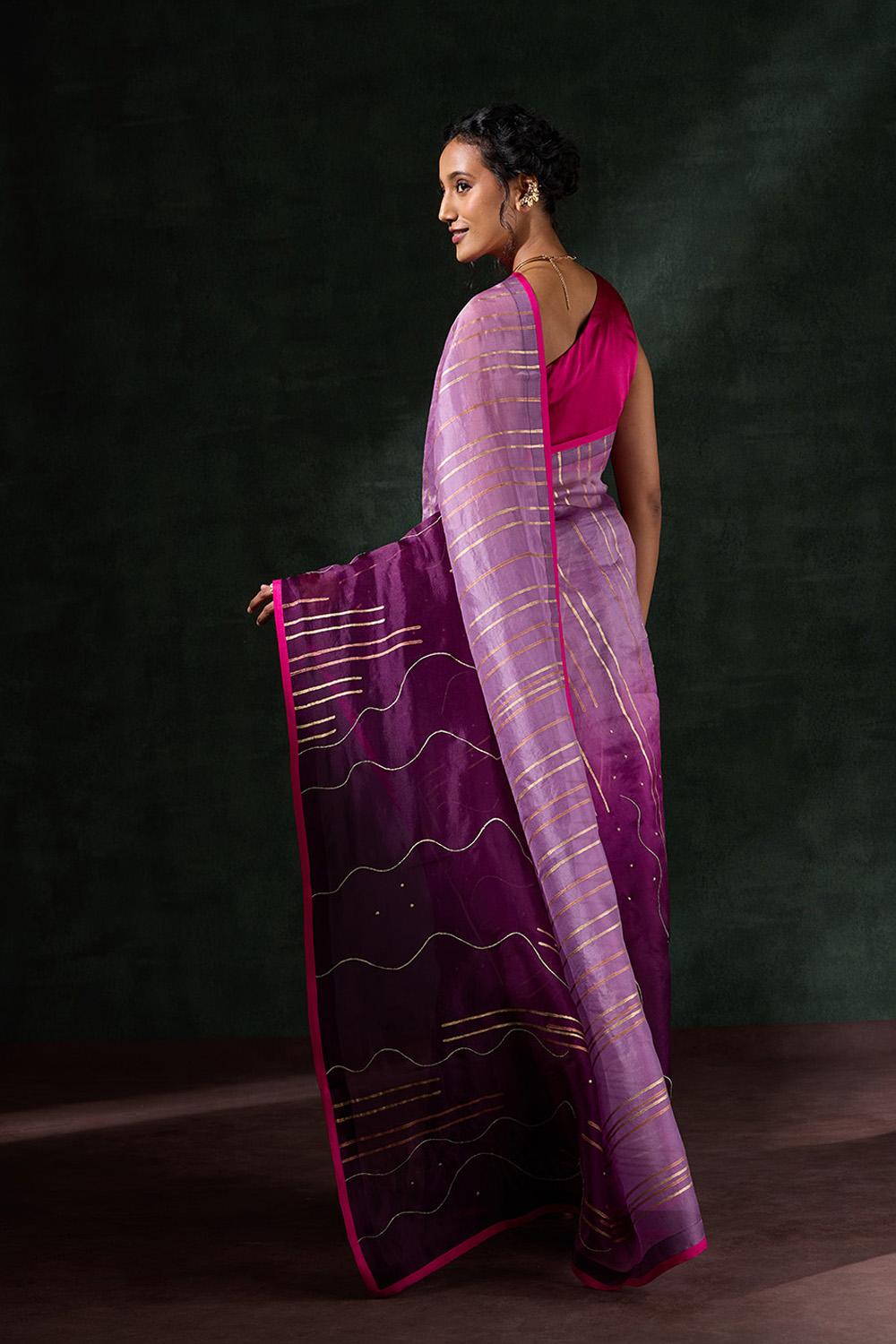 Purple Pure Organza Printed Embroidery Saree