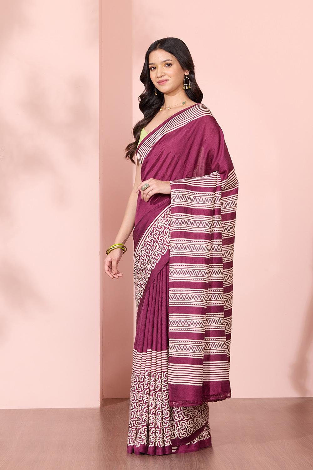 Dark Violet Murshidabad Block Printed Pure Silk Saree