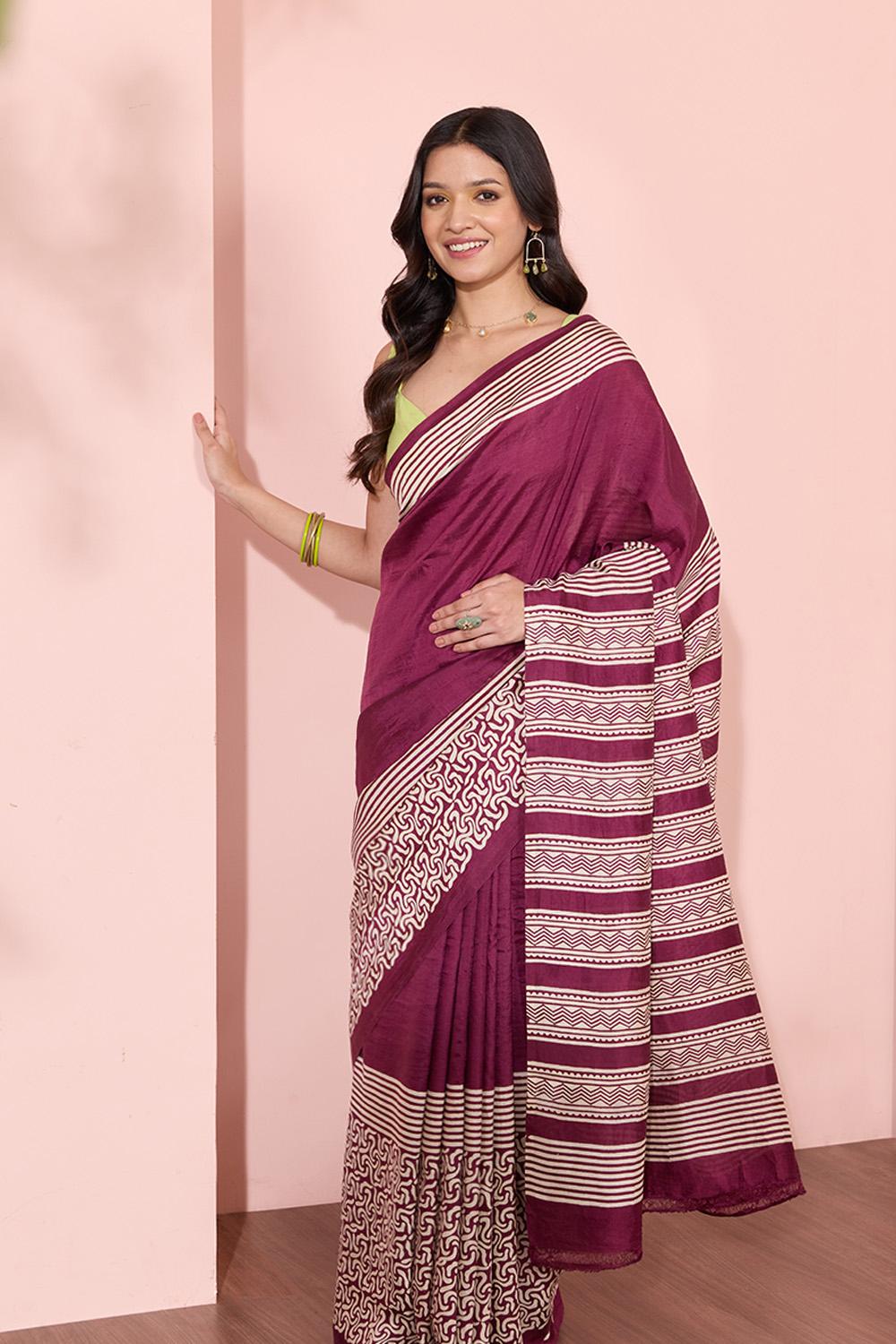 Dark Violet Murshidabad Block Printed Pure Silk Saree