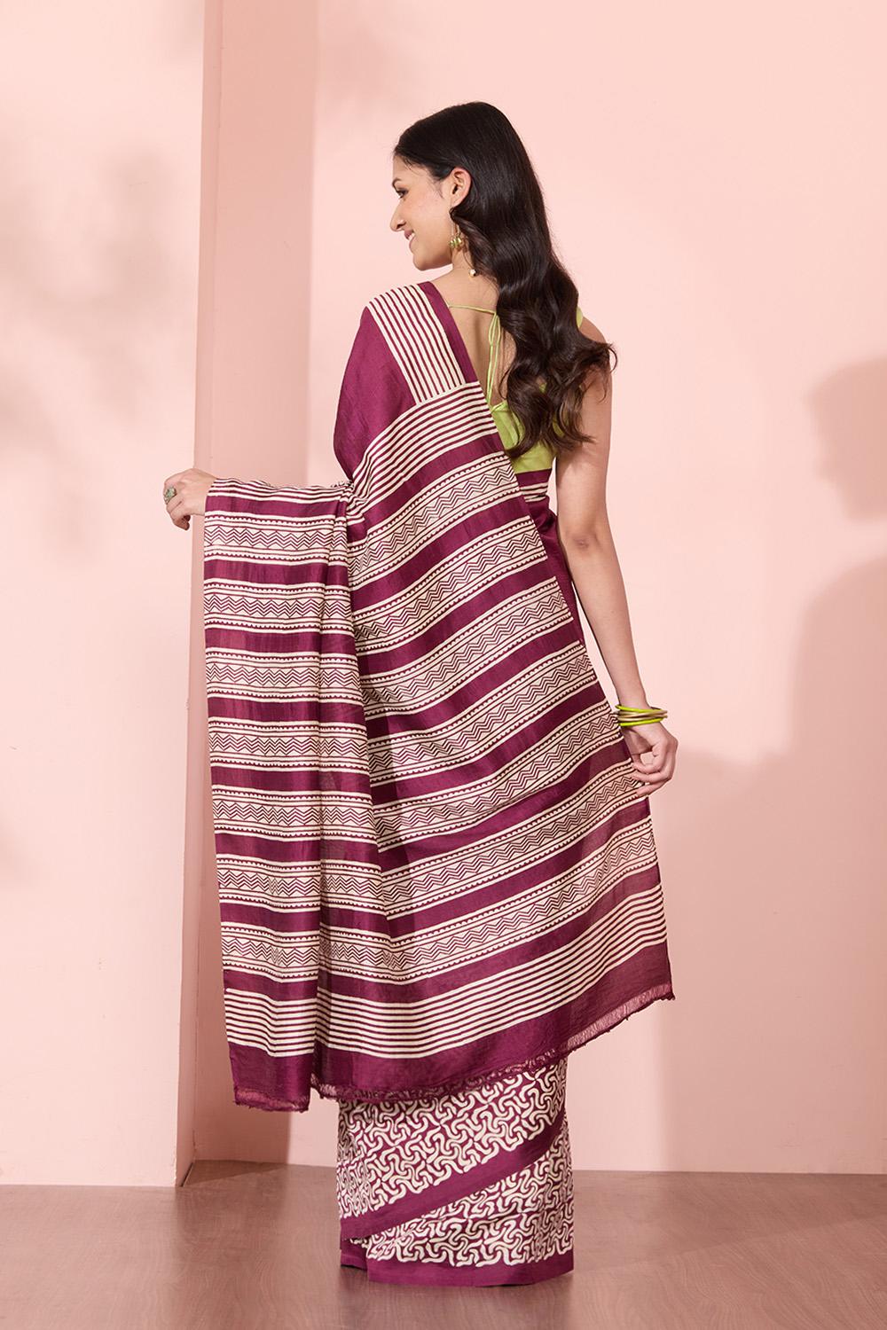 Dark Violet Murshidabad Block Printed Pure Silk Saree