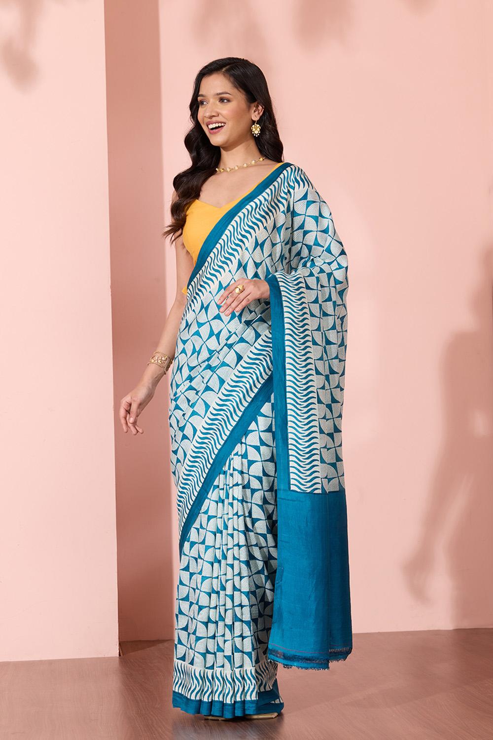 Blue Murshidabad Block Printed Pure Silk Saree