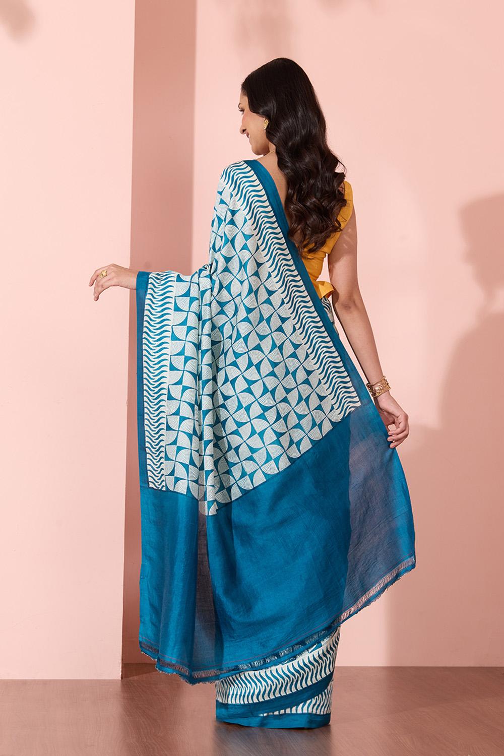 Blue Murshidabad Block Printed Pure Silk Saree