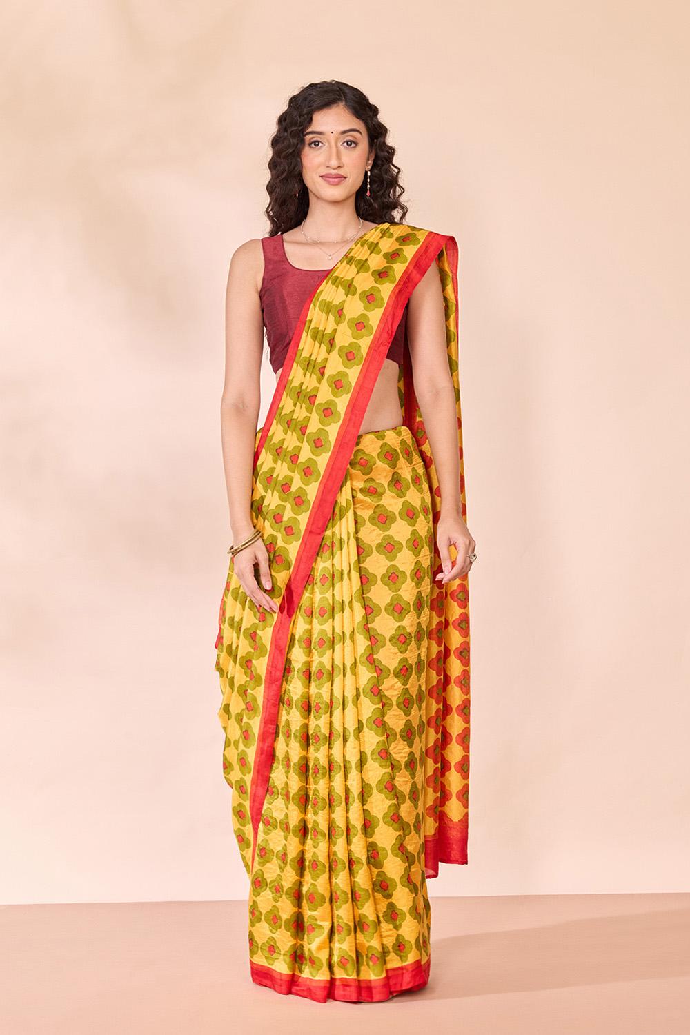 Yellow Pure Silk Block Printed Bengal Saree