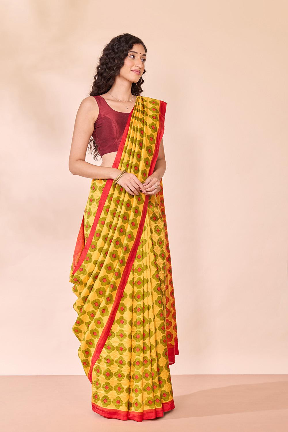 Yellow Pure Silk Block Printed Bengal Saree