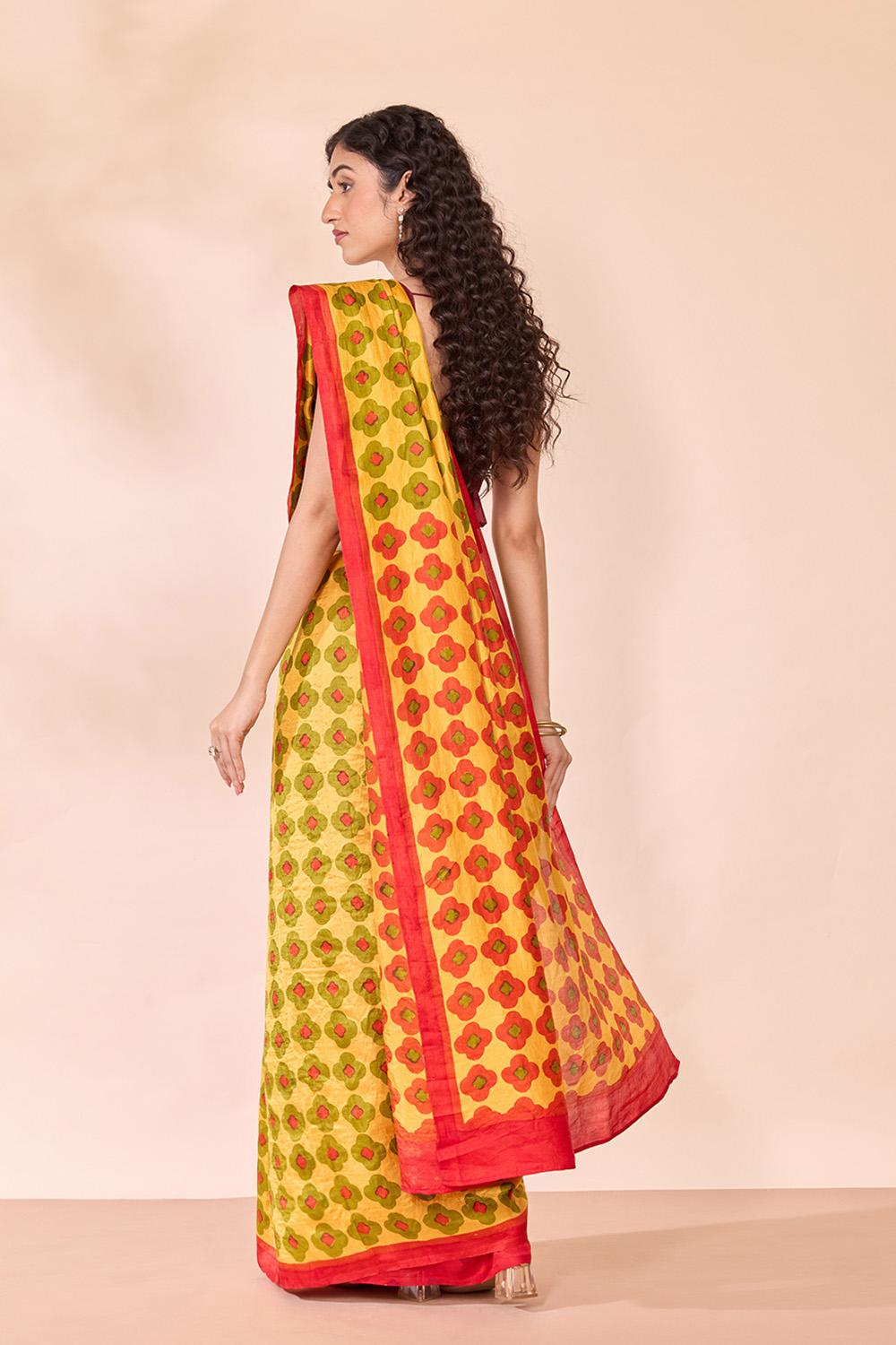 Yellow Pure Silk Block Printed Bengal Saree