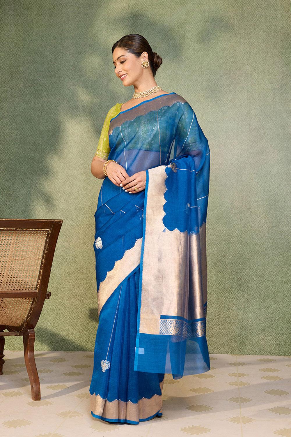 Blue Pure Silk Organza Kadwa Banarasi Saree