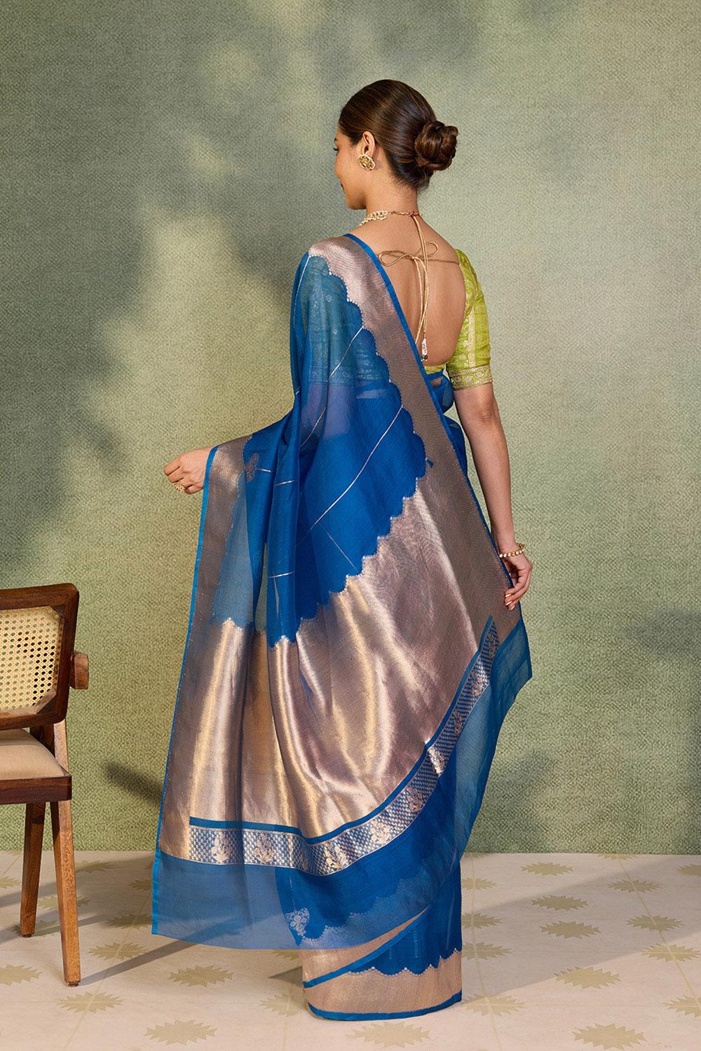 Blue Pure Silk Organza Kadwa Banarasi Saree