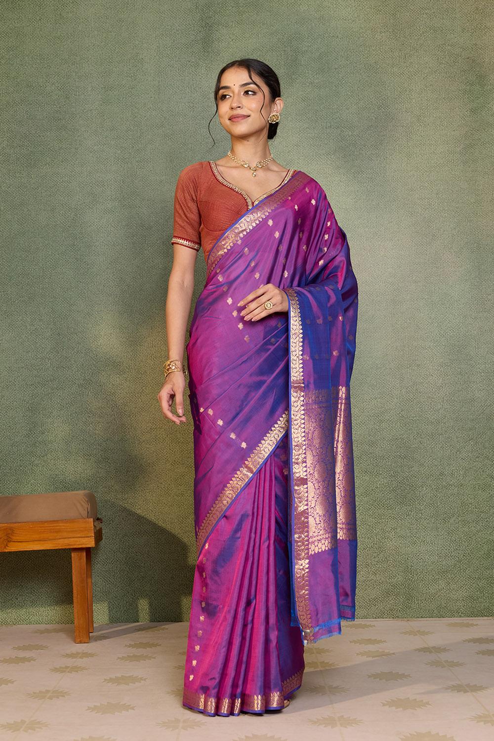 Purple Silk Viscose Cutwork Banarasi Inspired Design Saree
