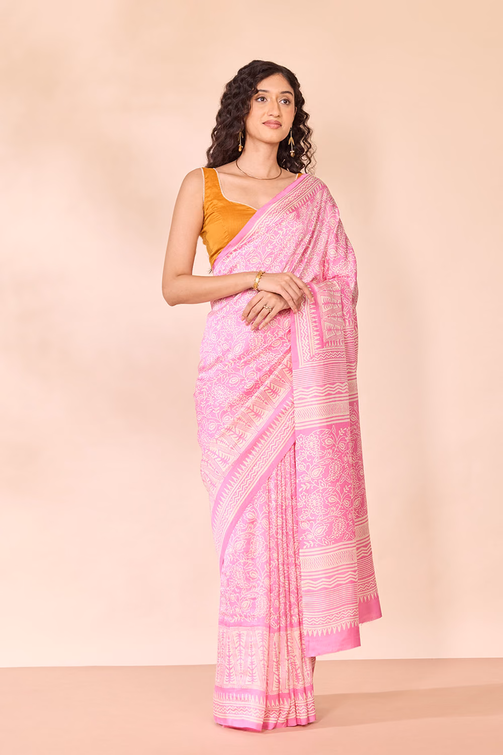 Pink Murshidabad Block Printed Pure Silk Saree