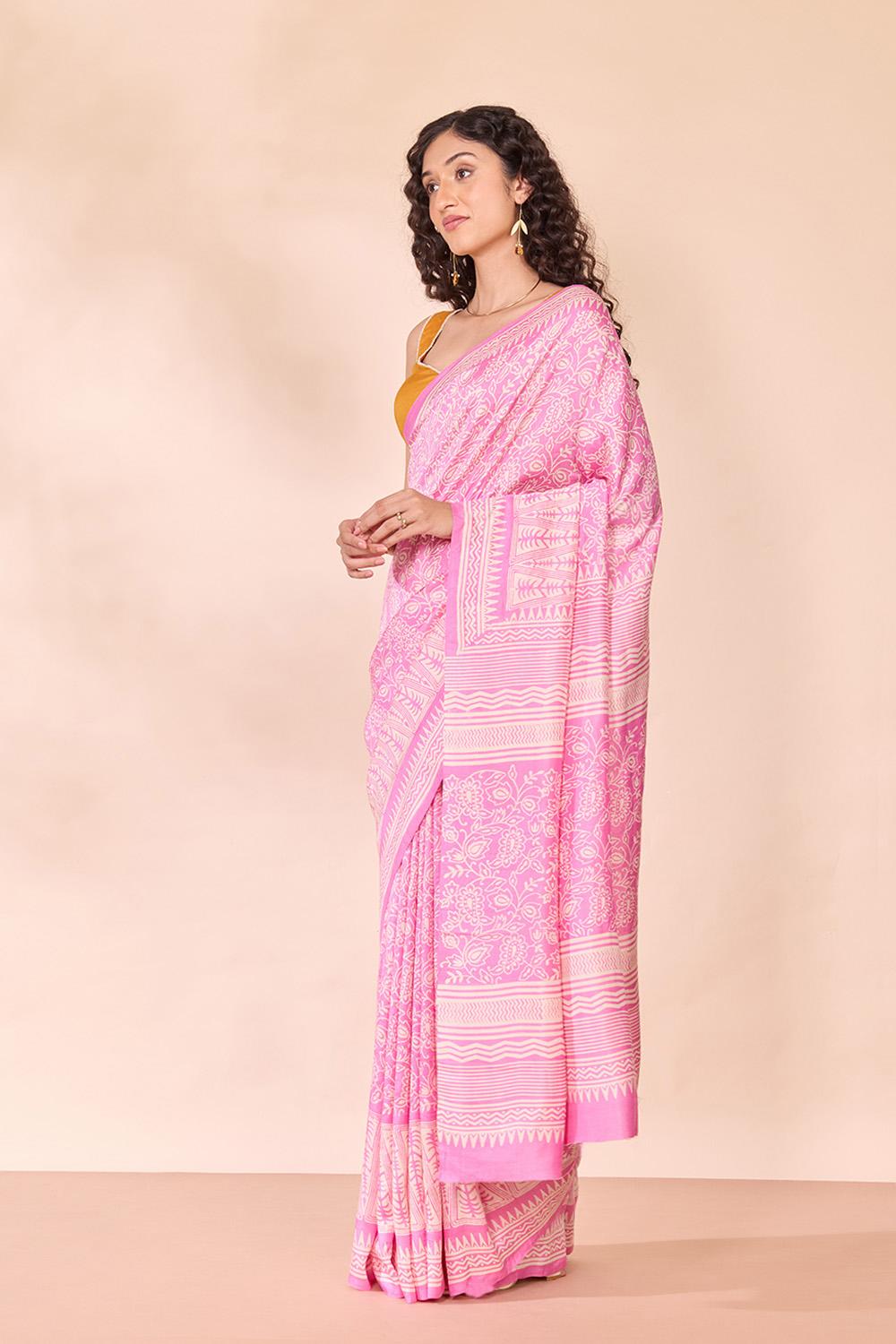 Pink Murshidabad Block Printed Pure Silk Saree