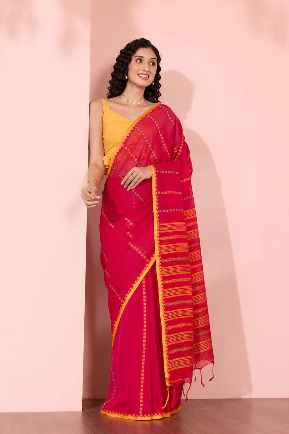 Dark Pink Woven Pure Cotton Bengal Saree