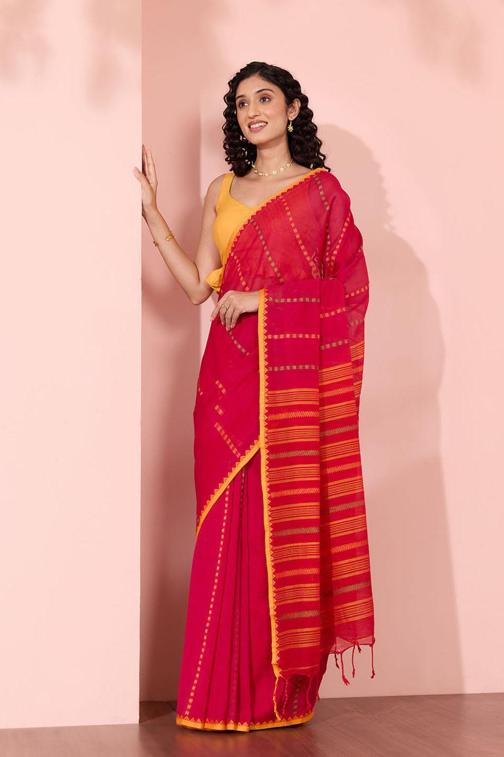 Dark Pink Woven Pure Cotton Bengal Saree