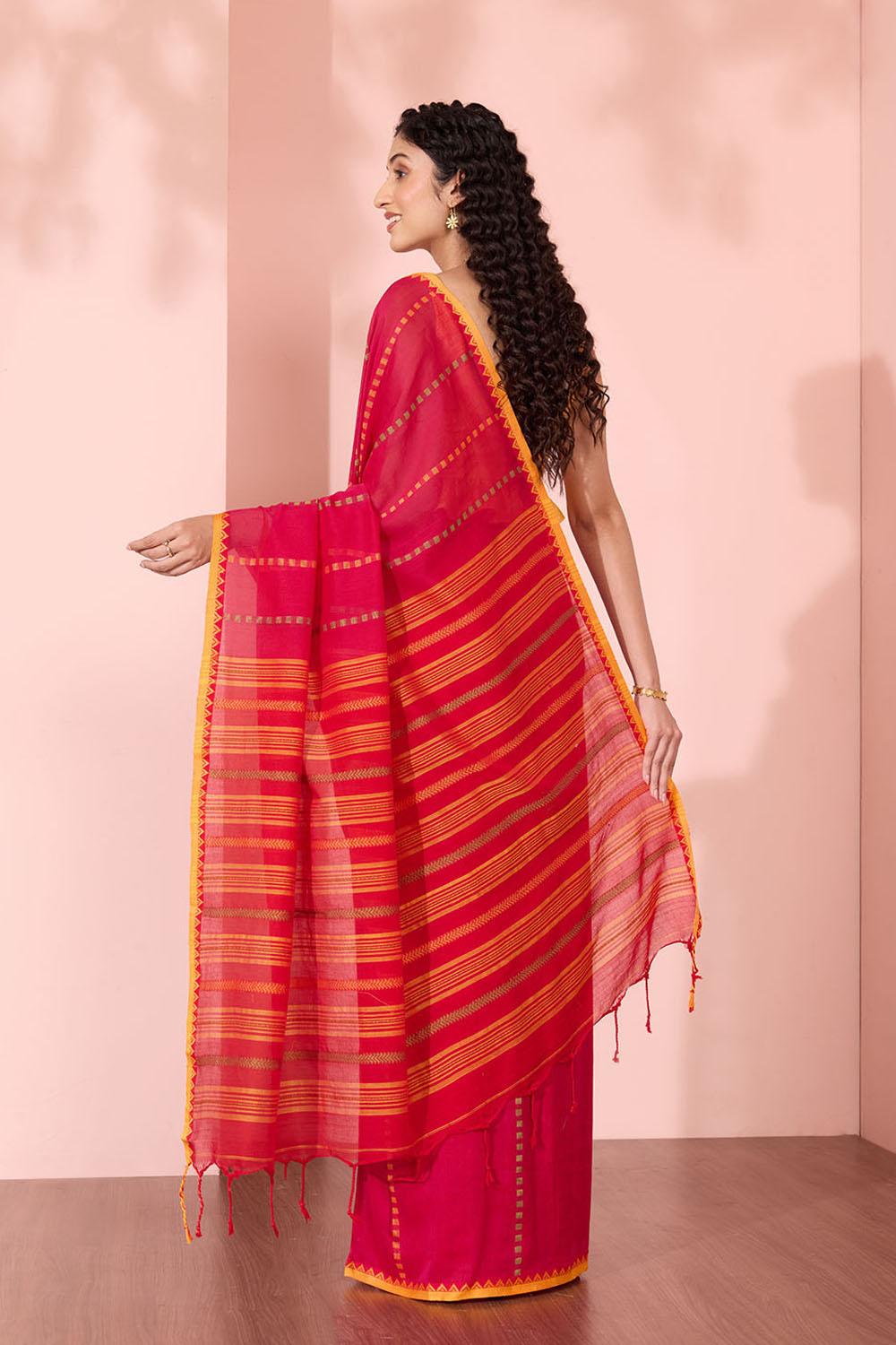 Dark Pink Woven Pure Cotton Bengal Saree