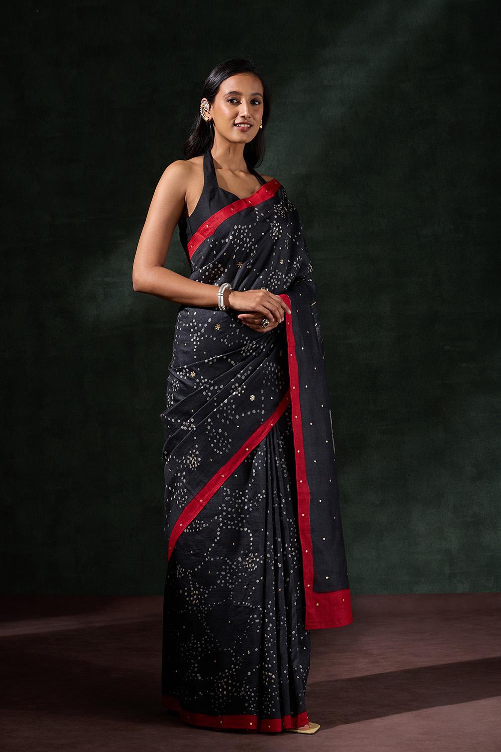 Black Tussar Muga Batik Saree