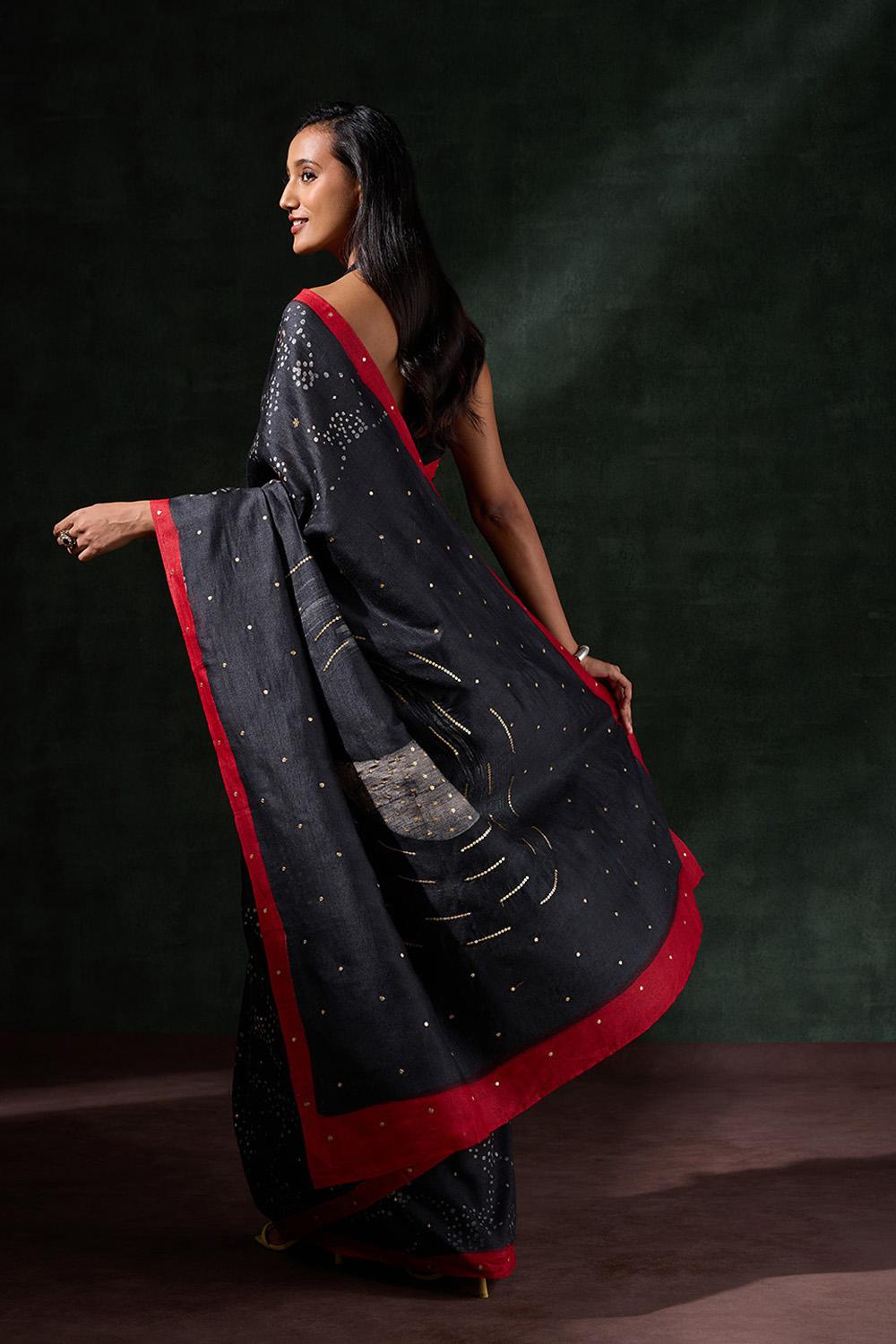 Black Tussar Muga Batik Saree