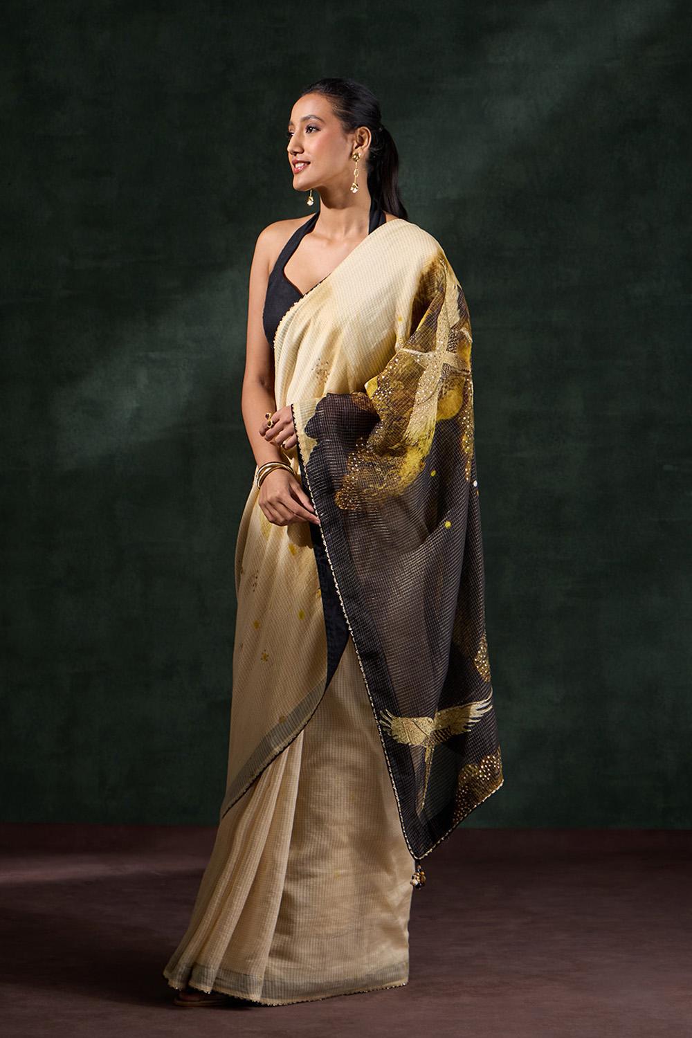 Beige Pure Silk Cotton Embroidered Saree