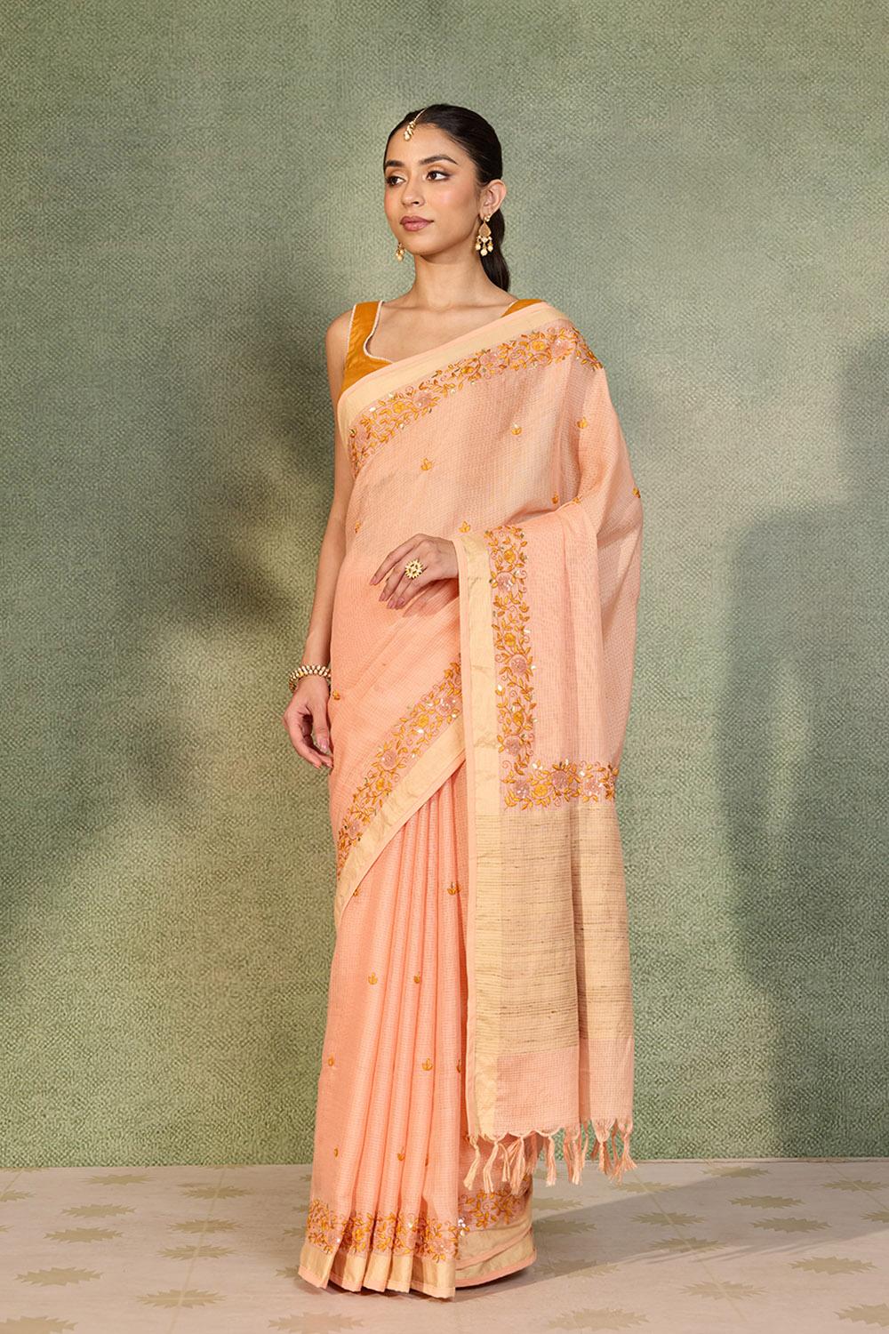 Light Orange Embroidered Silk Viscose Saree