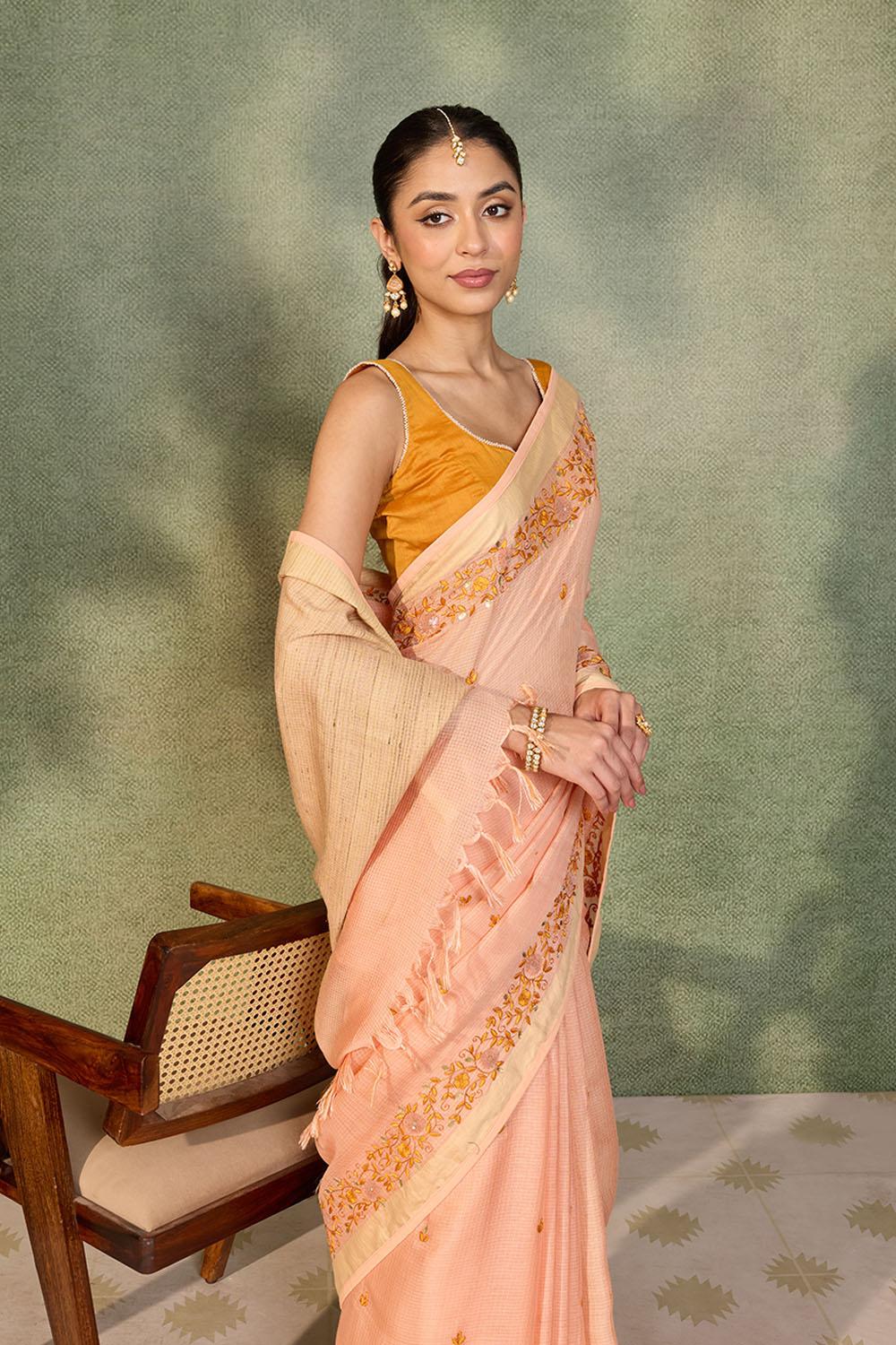 Light Orange Embroidered Silk Viscose Saree