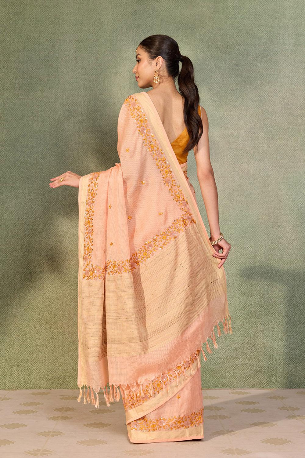 Light Orange Embroidered Silk Viscose Saree
