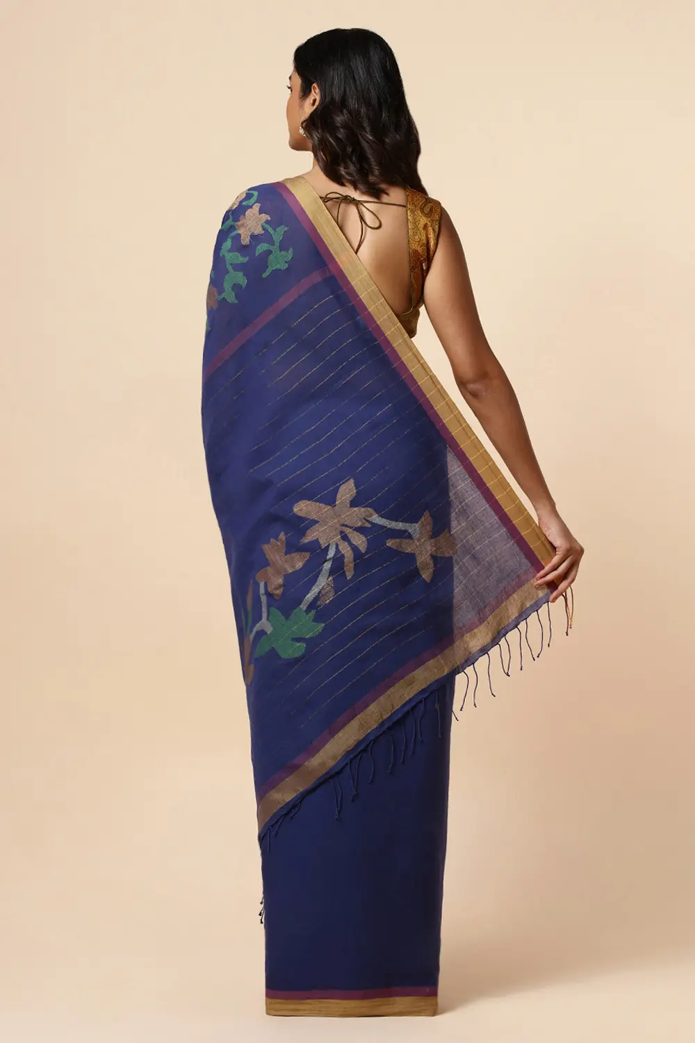 Blue Cotton Pure Khadi Jamdani Saree