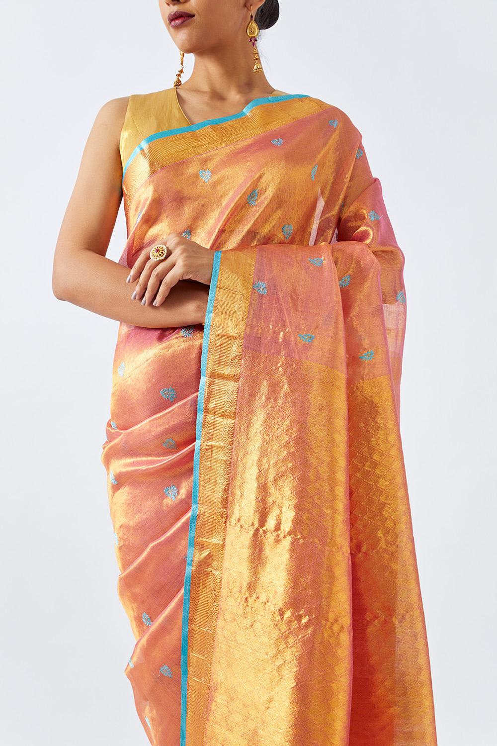 Light Pink Pure Tissue Organza Woven Kanjipuram Saree