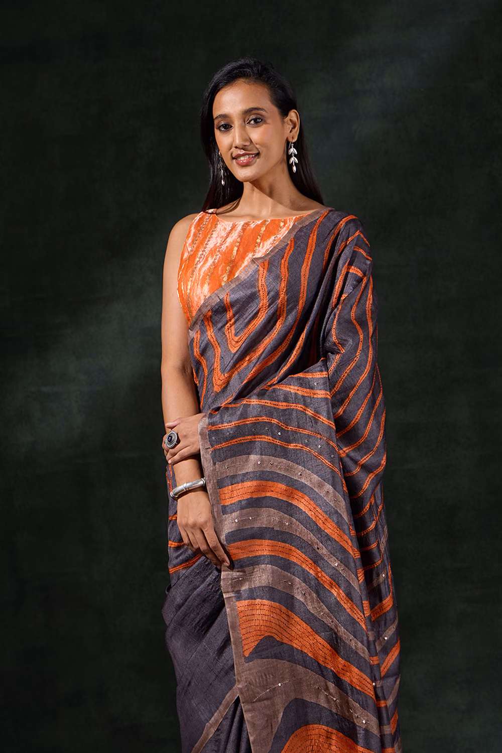 Brown Bengal Tussar Hand Painted Saree